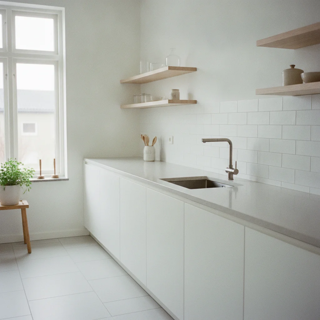 Carrelage adhésif pour une cuisine blanche et lumineuse